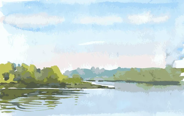 Vetor Paisagem Aquarela Verão Mornig Lado Lago — Vetor de Stock