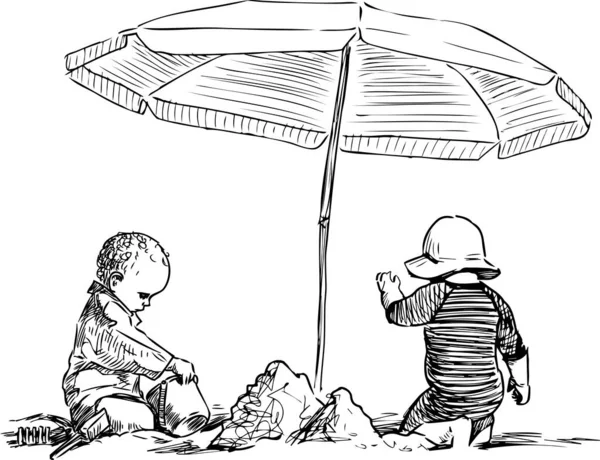 Freehand Drawing Little Children Sitting Playing Beach Umbrella Seashore — Wektor stockowy