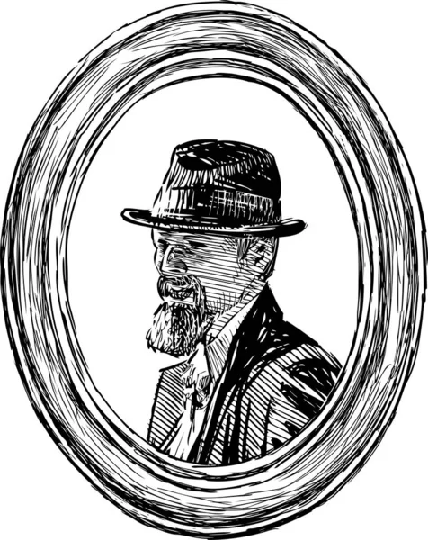 Freehand Drawing Vintage Portrait Bearded Man Hat Oval Decorative Picture — Wektor stockowy