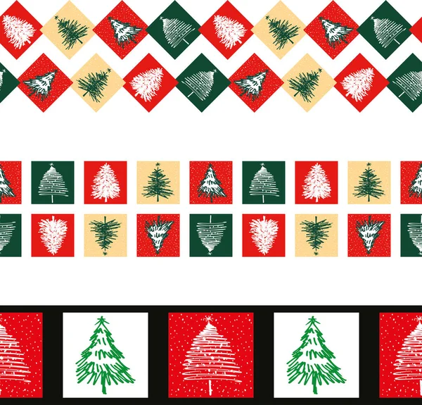 Seamless Vector Borders Various Sketches Decorative Christmas Trees — Stockový vektor