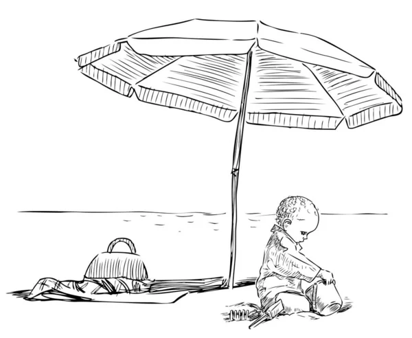 Эскиз Маленького Ребенка Сидящего Играющего Пляжным Зонтиком Берегу Моря — стоковый вектор