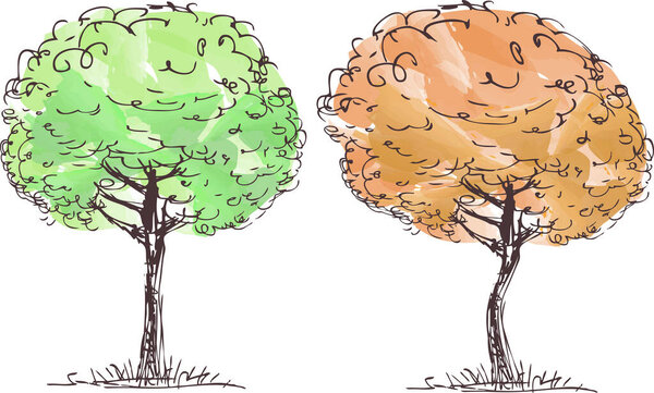 векторное изображение эскизов лиственных деревьев с сезонной листвой