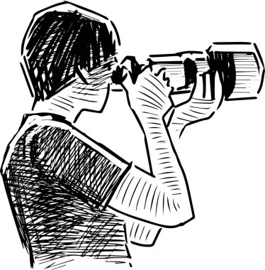 Fotoğraf makinesiyle fotoğraf çeken genç bir adamın çizimi.