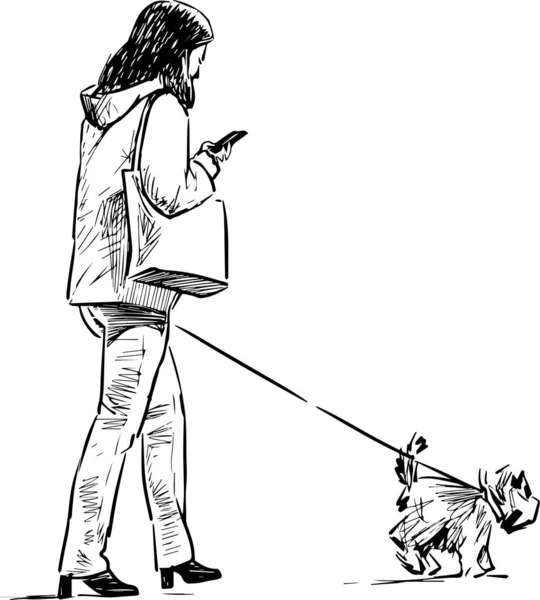 Freehand Σχέδιο Casual Πόλεις Γυναίκα Σκυλάκι Βόλτα Εξωτερικούς Χώρους Και — Διανυσματικό Αρχείο