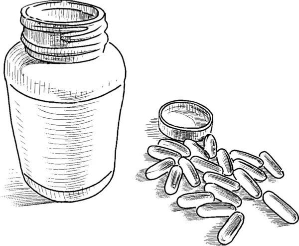 散乱薬とオープンプラスチック容器のフリーハンドの図面 — ストックベクタ