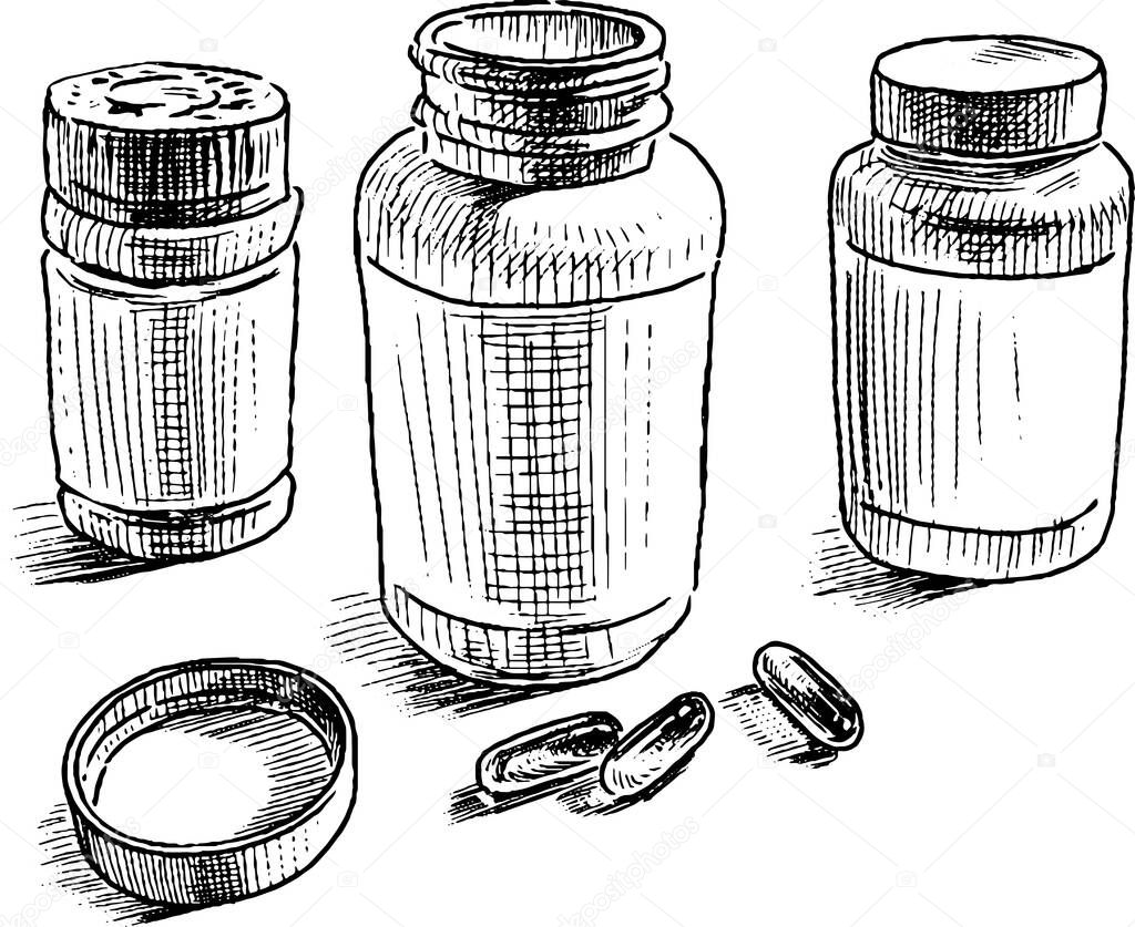 Freehand drawing of set various plastic medical container for pills 