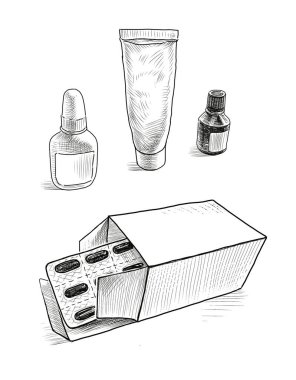 Karton kutuda haplarla dolu paket kabarcıklarının ve merhem ve uyuşturucu çözeltisi şişelerinin serbest çizimi