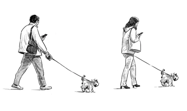 Свободное Рисование Случайных Городов Люди Собаками Выходят Улицу Смотрят Телефон — стоковое фото