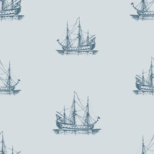 海の旅のスケッチ古代の帆船のシームレスな背景 — ストックベクタ