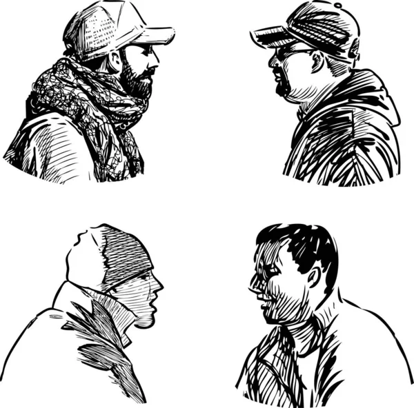 Dibujos Mano Alzada Cabezas Perfil Varios Hombres Ciudad Contemporáneos — Vector de stock