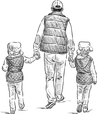 father with his daughters on a stroll clipart
