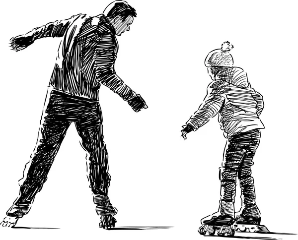Padre e hija en patines — Vector de stock