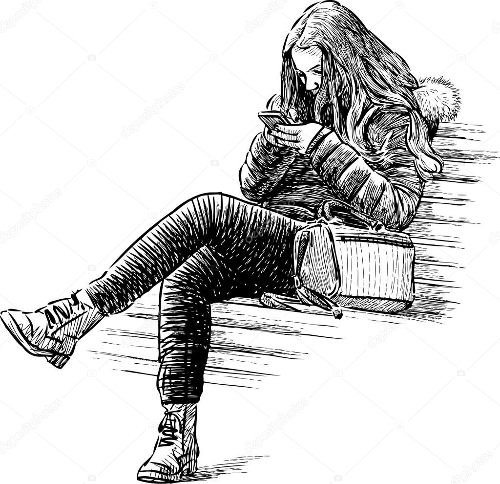 Dziewczyna Na ławce W Parku Grafika Wektorowa