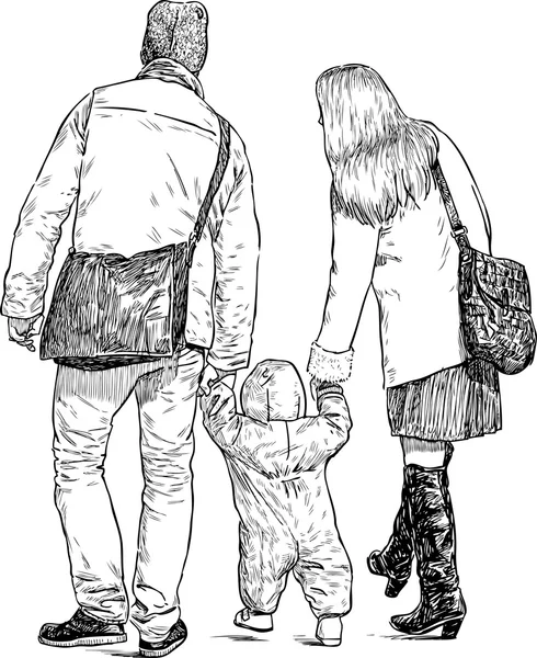 Familia joven en un paseo — Vector de stock