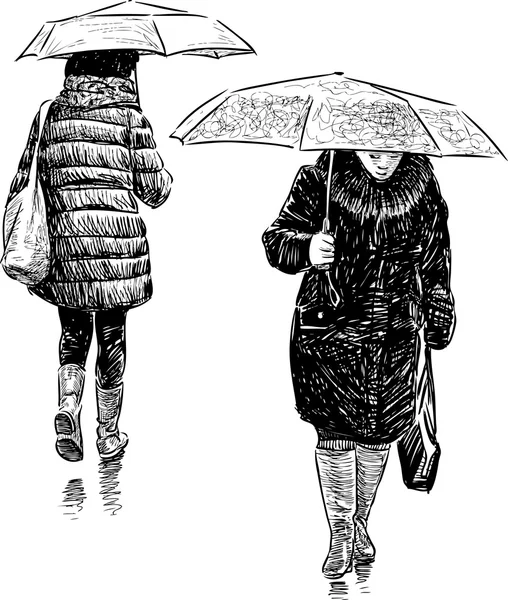 Casual pedestrians in the rain — Stock Vector