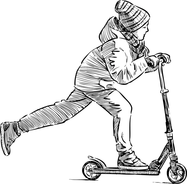 Niño en un scooter — Vector de stock