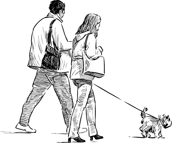 Пара с собакой на прогулке — стоковый вектор