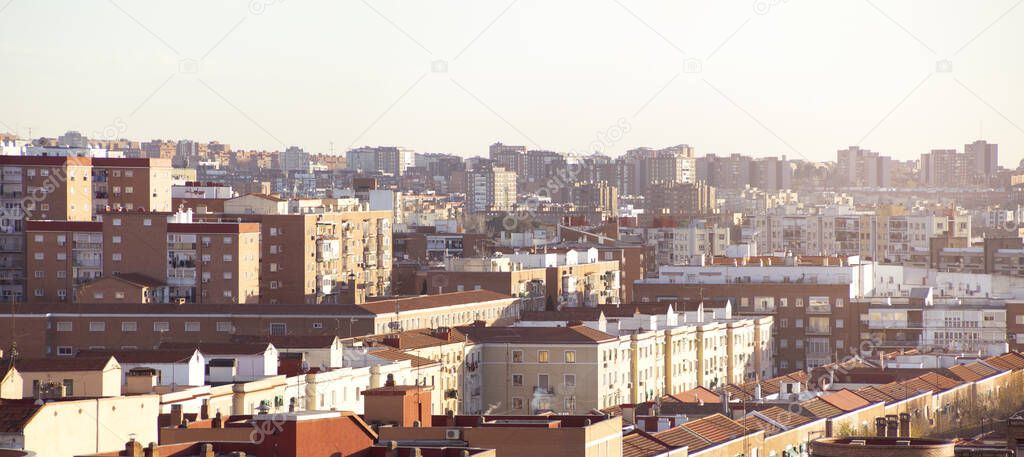 Panoramic view of the rooftops of a city. Madrid, Spain. Space for text.