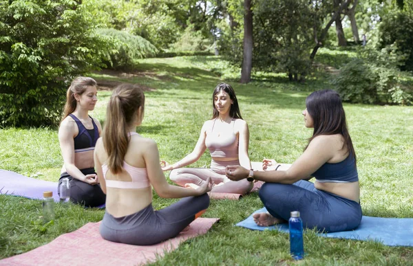 Четыре Девушки Занимаются Медитацией Время Занятий Йогой Открытом Воздухе — стоковое фото