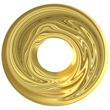 Beyaz arka planda altın yüzük. Sıvı altından yapılmış bir özet. İzole bir element. 3B resim.