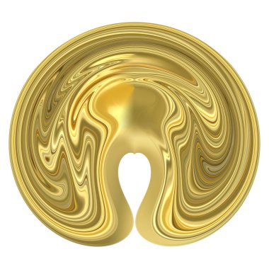 Yuvarlak, beyaz arka planda altın bir figür, izole edilmiş. Sıvı altından yapılmış bir özet. Yuvarlak dokular ve ince çizgiler. 3B resim.