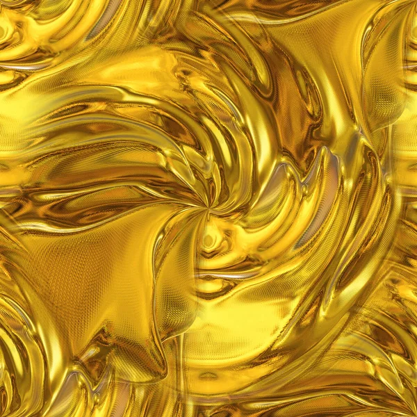 渦巻き線とシームレスな黄金のテクスチャ 渦巻くパターンを持つ黄色の絹のような抽象 — ストック写真