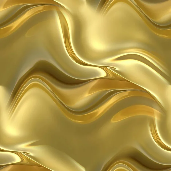Seamless, golden, wavy abstraction. Liquid gold flows in wavy lines. Beautiful golden background with yellow shades and reflections.