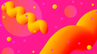 3 boyutlu görüntüleme. Pembe arka planda turuncu sıvılar ve balonlar. Çok güzel, çok renkli bir soyutlama..