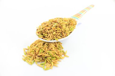 Beyaz bir kepçe içinde çiğ pirinç yasemin.