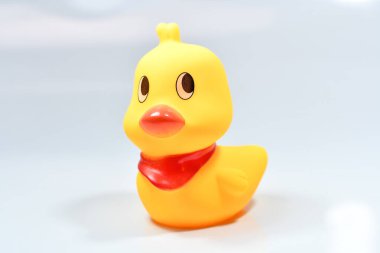 Beyaz arka planı olan yalnız sarı ördek.