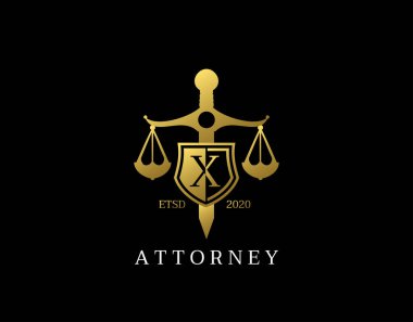X Letter Law Logo design with golden sword, shield, wreath symbol vector design. Perfect for for law firm, company, lawyer or attorney office logo. clipart