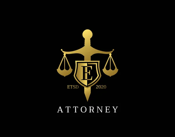 黄金の剣 花輪のシンボルベクトルデザインEレターローロゴデザイン 法律事務所 弁護士または弁護士事務所のロゴに最適です — ストックベクタ