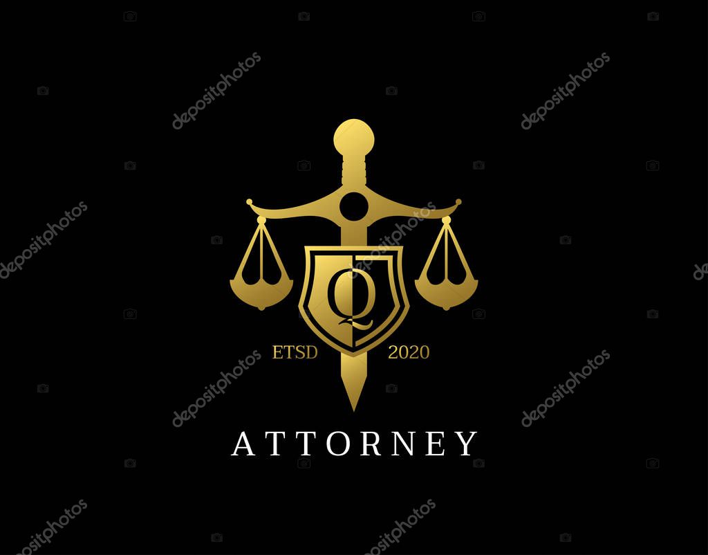 Q Letter Law Logo design with golden sword, shield, wreath symbol vector design. Perfect for for law firm, company, lawyer or attorney office logo.