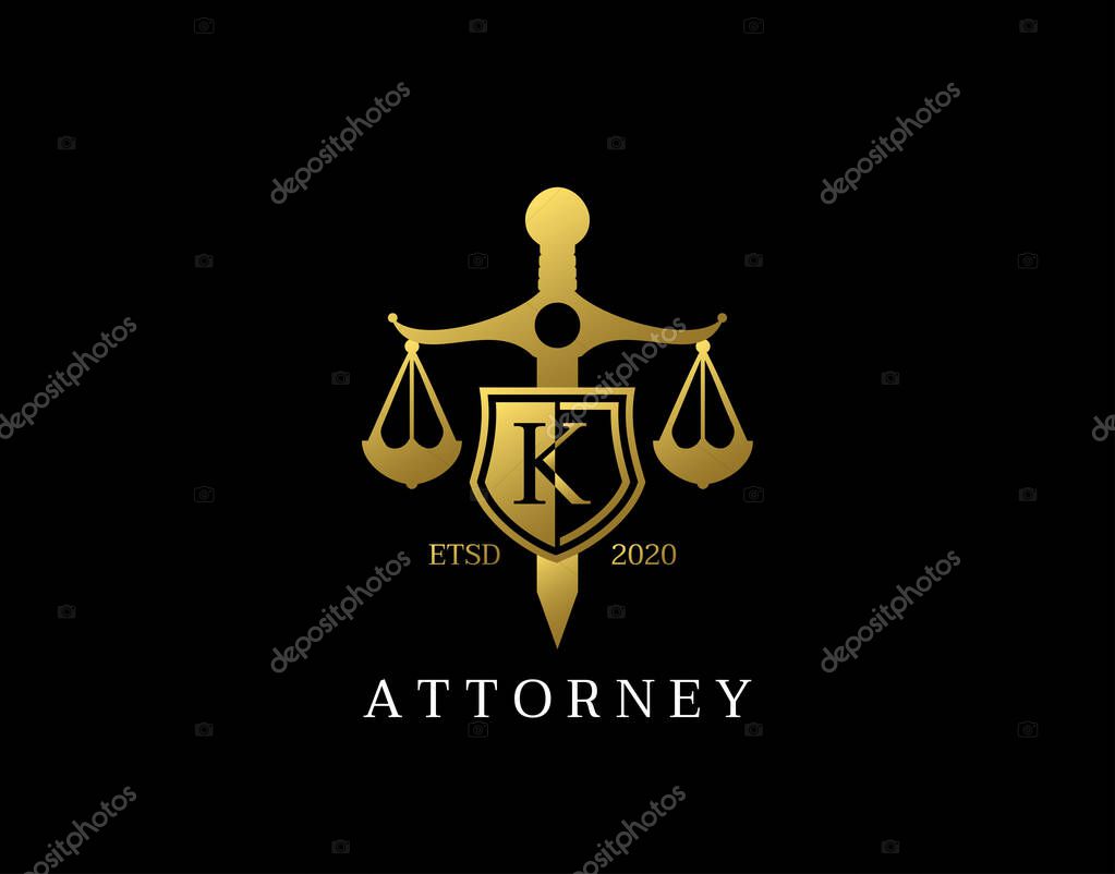 K Letter Law Logo design with golden sword, shield, wreath symbol vector design. Perfect for for law firm, company, lawyer or attorney office logo.