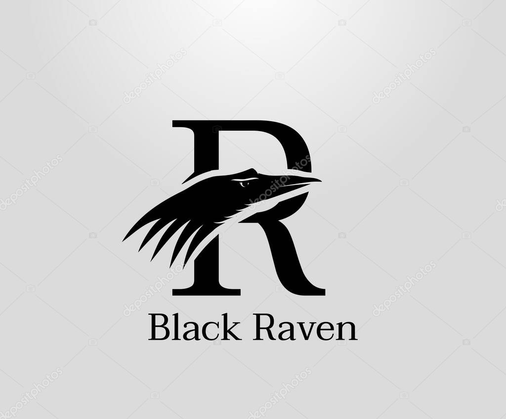 Letter R crow logo designs, black raven in letter R vector illustration design