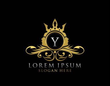 Y harfli Kraliyet Güzellik Logosu. Güzel Kadın Yüzlü Lüks Altın Çiçek Rozeti Salon, kaplıca, kozmetik, Butik, Mücevher.