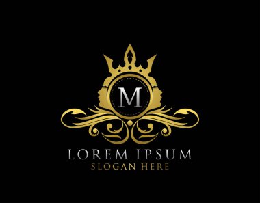 M harfli Kraliyet Güzellik Logosu. Güzel Kadın Yüzlü Lüks Altın Çiçek Rozeti Salon, kaplıca, kozmetik, Butik, Mücevher.