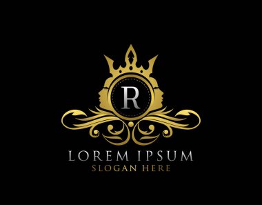 R harfli Kraliyet Güzellik Logosu. Güzel Kadın Yüzlü Lüks Altın Çiçek Rozeti Salon, kaplıca, kozmetik, Butik, Mücevher.