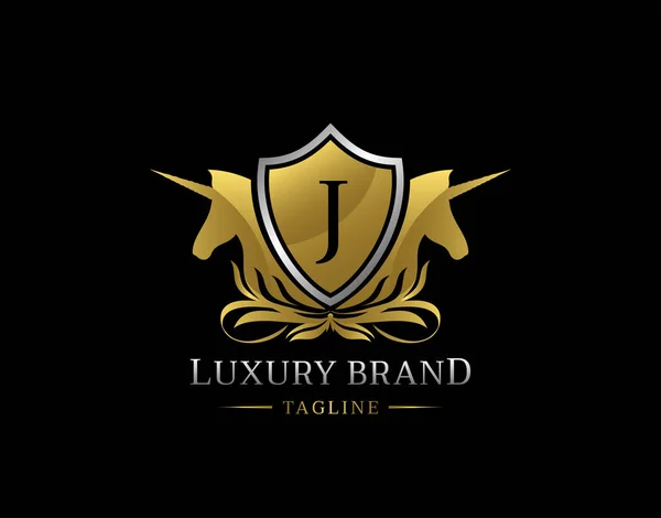 Logotipo Unicórnio Real Com Letra Projeto Elegante Distintivo Escudo Ouro — Fotografia de Stock