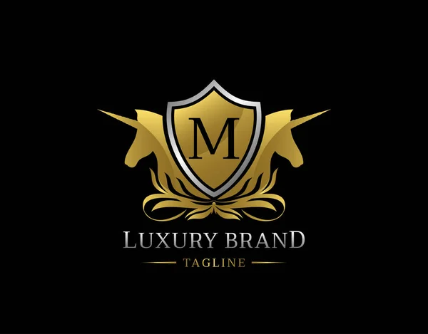 Логотип Королевского Единорога Буквой Дизайн Значка Elegant Gold Shield Royalty — стоковое фото