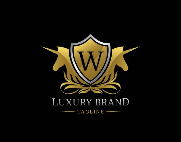 Royal Unicorn Logotyp Med Brev Elegant Gold Shield Badge Design — Stockfoto