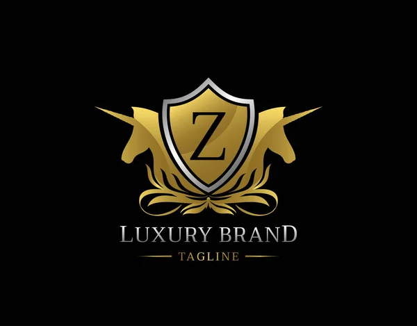 Royal Unicorn Logo Letter Elegant Gold Shield Badge Design Royalty — Stock Photo, Image