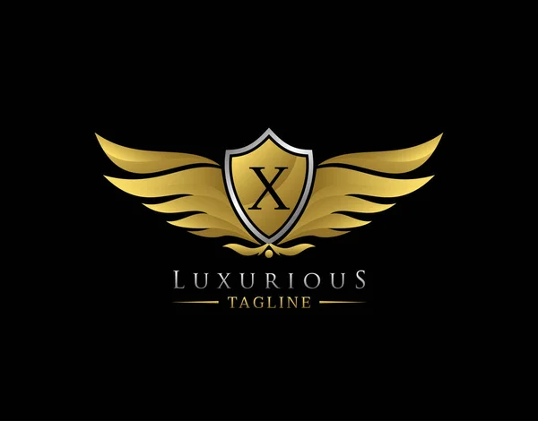 Lyx Wings Logotyp Med Brev Elegant Gold Shield Badge Design — Stockfoto