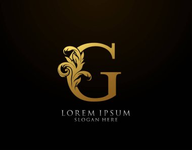 Klasik G Harfi Simgesi. Lüks Altın Alfabe Sanatları logosu. Kitap tasarımı için klasik amblem, marka adı, mühür, restoran, butik, noter, otel.  