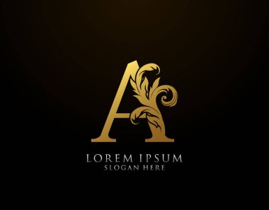 Klasik A Harfi Simgesi. Lüks Altın Alfabe Sanatları logosu. Kitap tasarımı için klasik amblem, marka adı, mühür, restoran, butik, noter, otel.  