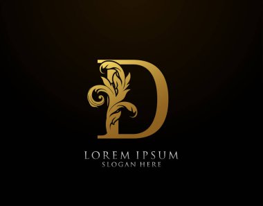 Klasik D harfi simgesi. Lüks Altın Alfabe Sanatları logosu. Kitap tasarımı için klasik amblem, marka adı, mühür, restoran, butik, noter, otel.  