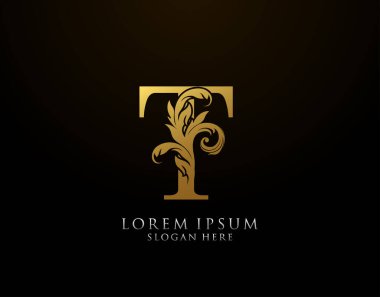 Klasik T Harfi Simgesi. Lüks Altın Alfabe Sanatları logosu. Kitap tasarımı için klasik amblem, marka adı, mühür, restoran, butik, noter, otel.  