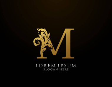 Klasik M Harfi Simgesi. Lüks Altın Alfabe Sanatları logosu. Kitap tasarımı için klasik amblem, marka adı, mühür, restoran, butik, noter, otel.  