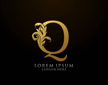 Klasik Q Harfi Simgesi. Lüks Altın Alfabe Sanatları logosu. Kitap tasarımı için klasik amblem, marka adı, mühür, restoran, butik, noter, otel.  