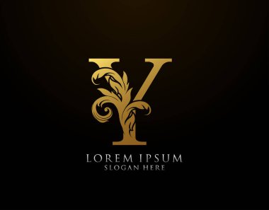 Klasik Y Harfi Simgesi. Lüks Altın Alfabe Sanatları logosu. Kitap tasarımı için klasik amblem, marka adı, mühür, restoran, butik, noter, otel.  